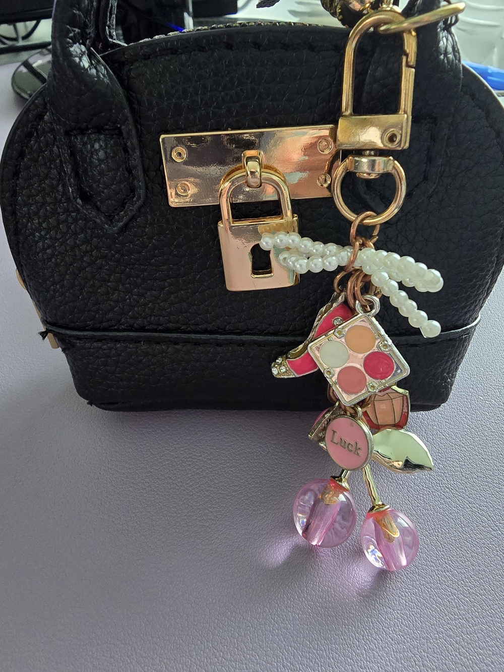 Pink 💕 Cherry Charm Keychain with Lips, Purse, Shoe, Perfume, Eyeshadow, NEW - Picture 6 of 6